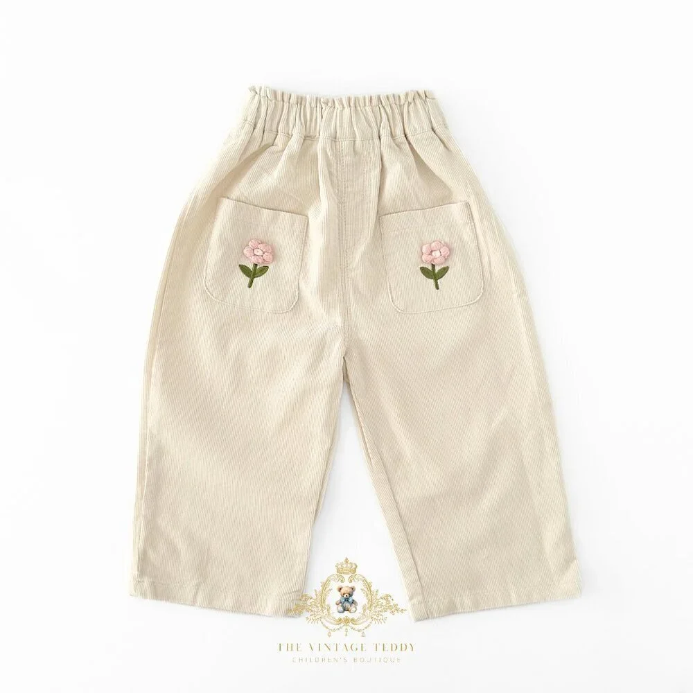 NWT Cute Girls Corduroy Pants Sweet Embroidery Flower Elastic Waistband Cream 2T